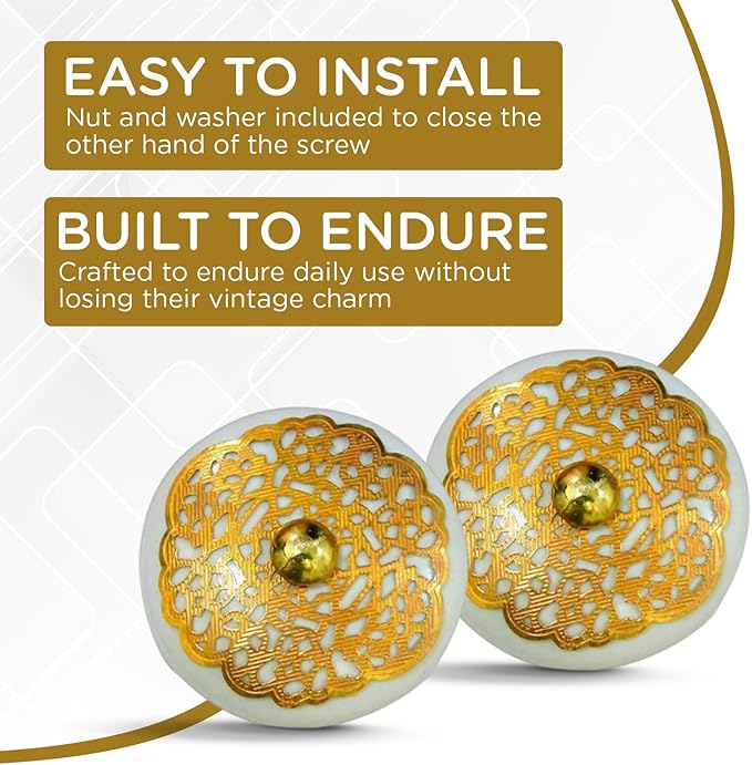 Perilla Home Set of 6 Gold Design Ceramic Knobs Decorative Round Knobs for Home Kitchen Cabinet Vintage Hardware Cupboard Door Dresser Wardrobe Drawer Pulls