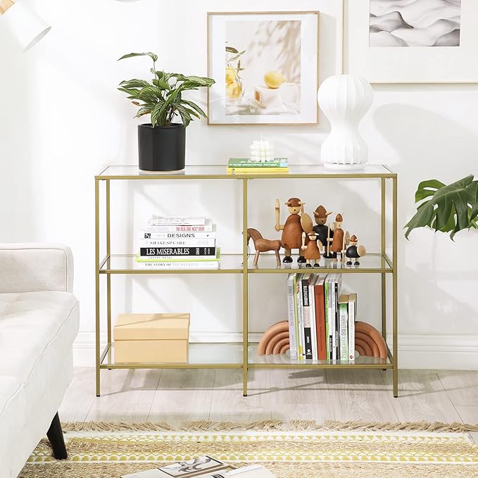 VASAGLE 39.4 Inch Console Table with 3 Shelves, Set of 2 Sofa Tables, Modern Entryway Table, Metal Frame, Tempered Glass Shelf, Entryway Living Room Bedroom, Metallic Gold and Transparent ULGT999G01