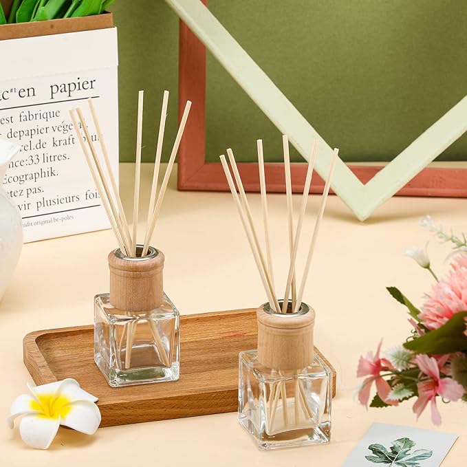 Roshtia 10 Set Reed Diffuser Bottle Empty Refillable Fragrance Glass Diffuser Bottles with Wooden Caps Rattan Sticks 50ml 1.7 oz Square Glass Jars for DIY Fragrance