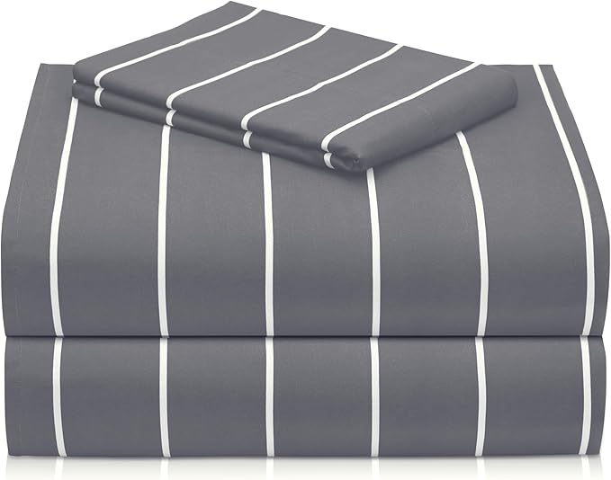LuxClub Striped Sheets, 3 PC Striped Bed Sheets Twin Size for-Boys-and-Girls-Deep Pockets Wrinkle Free-Kids-Fitted Sheets Machine Washable Hotel Bedding (Twin, Light Grey)