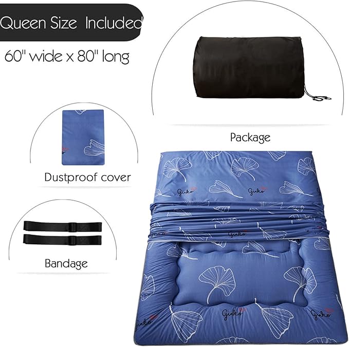 MAXYOYO Leaf Printed Japanese Futon Floor Mattress, Thicken Sleeping Pad Floor Bed Roll Up Camping Guest Mattress Folding Couch Bed, Queen Size