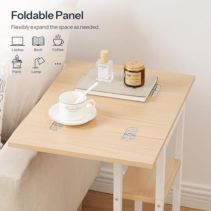 HOOBRO Foldable End Table, C Shaped Side Table with Storage Shelf, Small Snack Table Suitable for Living Room Bedroom Small Spaces, Easy Assembly, White and Natural WN29SF01