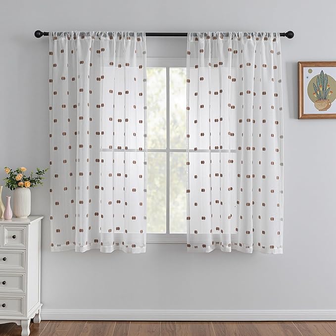 MYSKY HOME White Curtains for Bedroom 63 Inch Length Long Sheer Curtains for Kids Room Nursery Curtains with Taupe Patched Design Rod Pocket Privacy Window Drapes Dining Room 52" x 63" 2 Panels