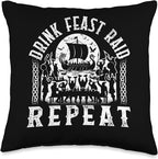 Viking Drink Feast Raid Repeat Vikings Lover Scandinavian Wa Throw Pillow