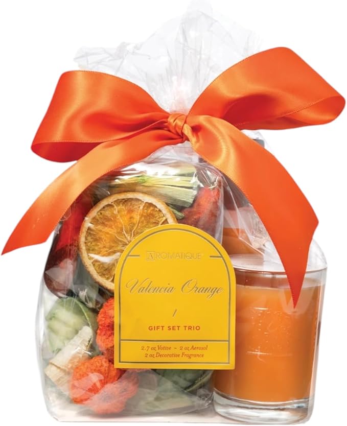 Aromatique Home Fragrance, Valencia Orange, Gift Set - Decorative Potpourri, Room Spray, and Candle - Perfect for Mother's Day and Women in Your Life