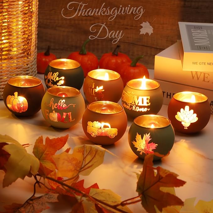 Set of 8 Fall Votive Candle Holder,Glass Tealight Holders with 6 Engraving Patterns,Thanksgiving Candlestick Holder for Home Wedding Table Centerpieces Decoration
