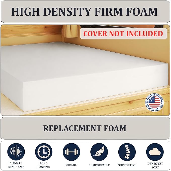 Foamma 1” x 28” x 79” Truck, Camper, RV High-Density Bunk Mattress Foam Replacement, Made in USA, Comfortable, Travel Trailer, CertiPUR-US Certified, Cover Not Included