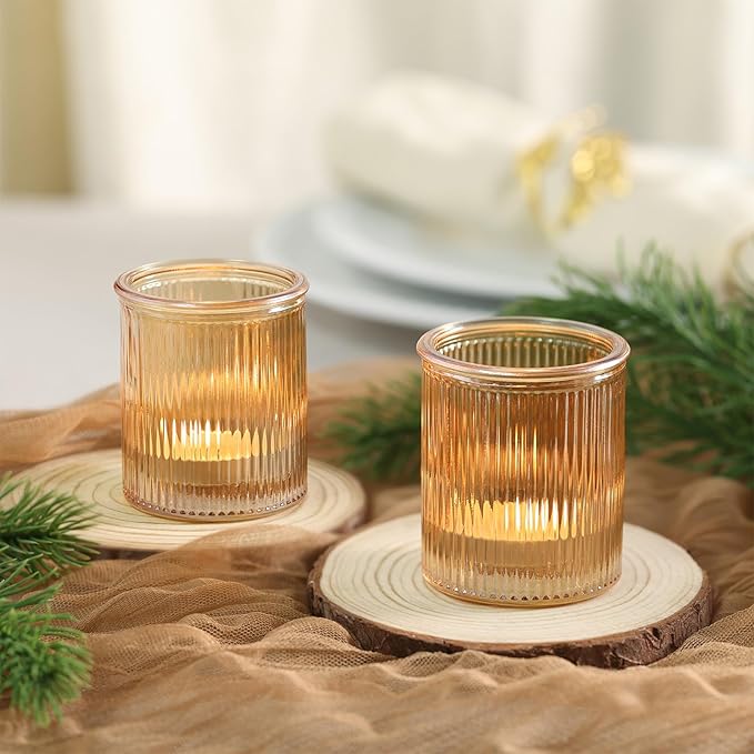 32pcs Ribbed Gold Votive Candle Holders for Wedding Table Decor, Tea Light Candle Holder Glass, Gold Candle Holders for Table Centerpiece, Diwali and Holiday Decorations