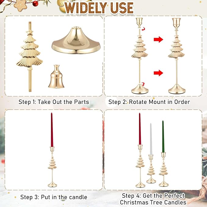 3 Pcs Christmas Candle Holders 3 Size Gold Taper Candlestick Holders Set Vintage Decorative Centerpiece for Table Mantel Wedding Housewarming Thanksgiving Gifts (Christmas Tree)