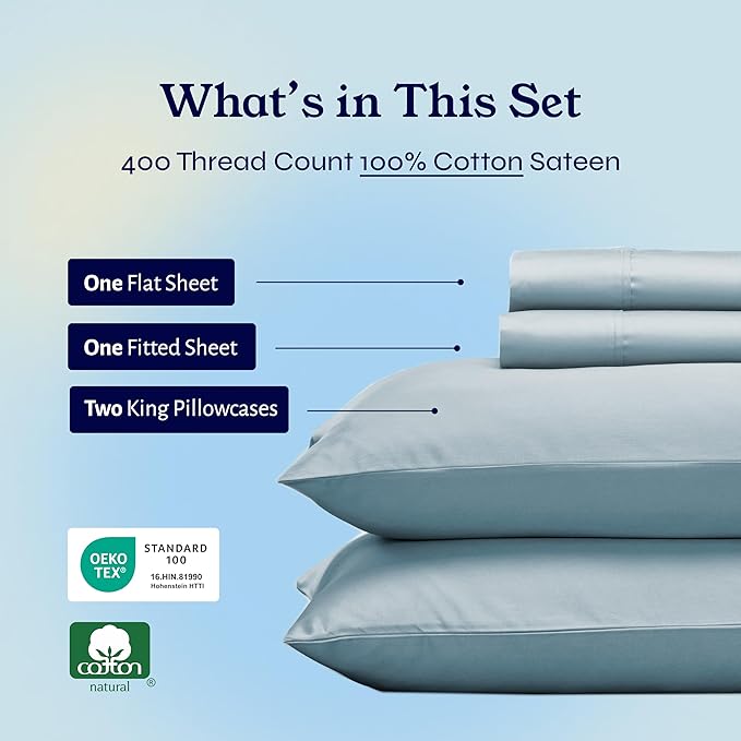 California Design Den 400 Thread Count Natural 100% Cotton Sheets, King Bed Sheets Set, Soft Sateen, Durable & Breathable Bedding with Deep Pockets - Sky Blue