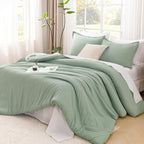 Litanika Oversized Queen Comforter Set, 3 Pieces Sage Green Lightweight Solid Bedding Comforter Set, All Season Fluffy Bed Set (98x98In Comforter & 2 Pillowcases)