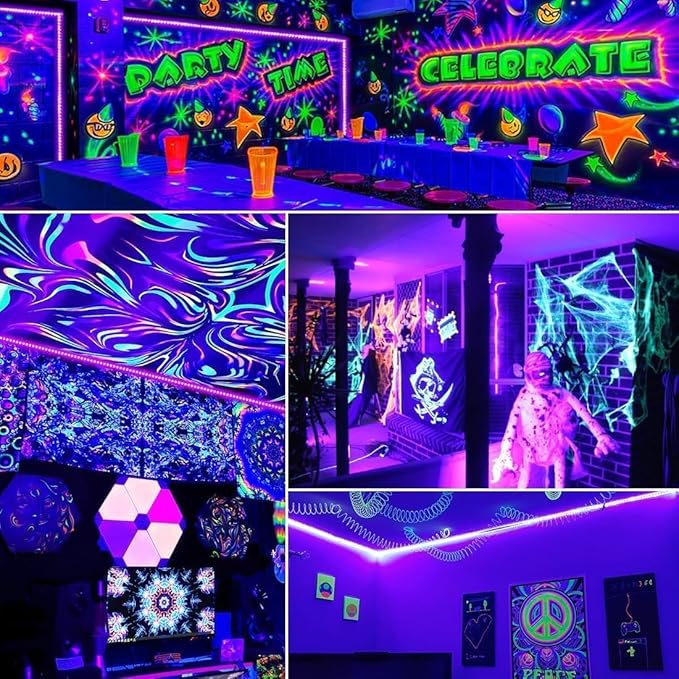 80ft Black Lights Strip with Remote, 1440 LEDs, 12V Flexible Blackights for Glow Party, Adjust Brightness, Delay Off, 3 Light Modes, Indoor Fluorescent Party, Stage Lighting