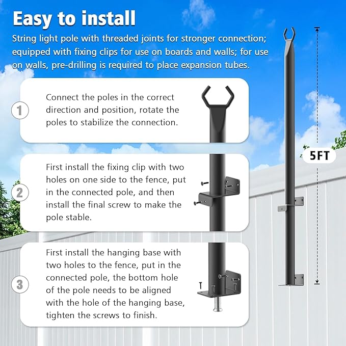 4 Pack 5Ft String Light Poles,Outside String Lights,Outdoor Light Poles,Metal Poles Stand for Patio,Backyard,Deck