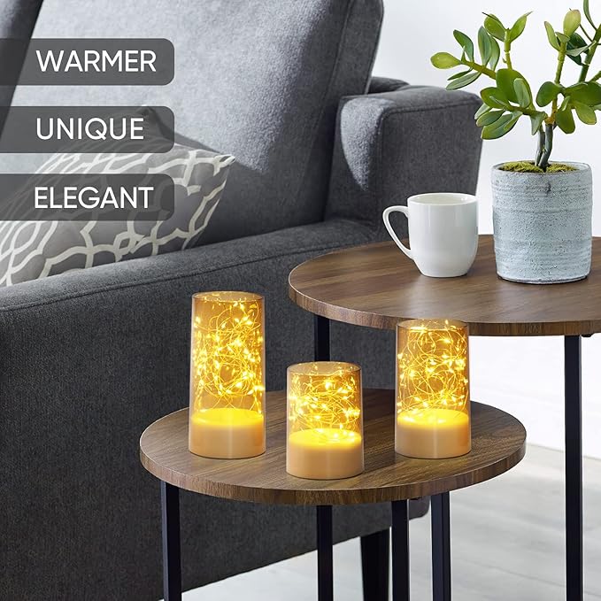 Homemory Flickering Flameless Candles with Remote, Embedded String Lights in Acylinder LED Candles, Battery Operated Fake Candles with Timer, Candle Decor for Home Wedding, Set of 3,Gold