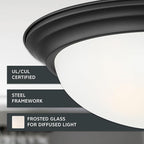 DESIGNERS FOUNTAIN Reedley 2-Lights Flush Mount Ceiling Light, 11 Inch Lighting Fixture for Kitchen, Bedroom, Bathroom, and Hallway, Matte Black with Etched Glass, 1257S-MB-W