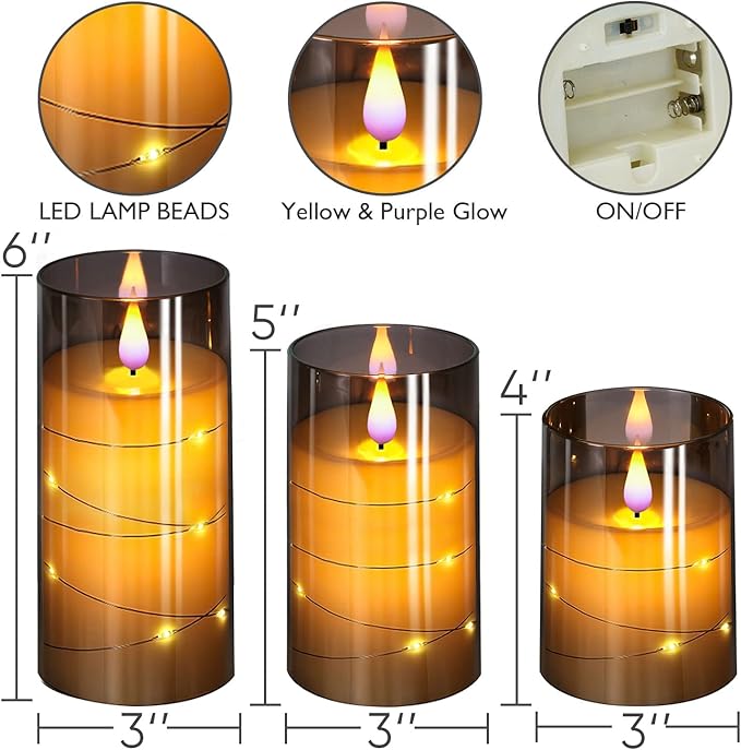 Homemory Flickering Flameless Candles with String Lights, Battery Operated Candles, Embedded String Lights LED Candles, Unbreakable Plexiglass with Remote, Set of 3, Grey