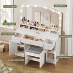 usikey 43.3” Vanity Desk with Large Mirror and Lights, Makeup Vanity with 3 Lighting Color Adjustable, Dressing Table Set with Storage Cabinet, Drawers and Chair for Girls Bedroom, White