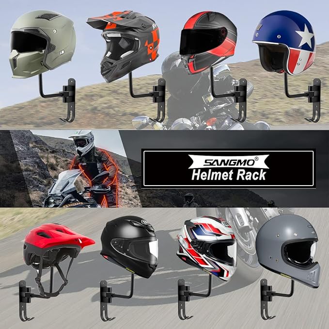 SANGMO 6 Pack 180° Motorcycle Helmet Holder Wall Mount, Rotation Metal Helmet Rack, Helmet Holder Bike with 2 Hooks Helmet Hanger for Motorcycle Bike Coats, Caps, Baseballs, Rugby Helmet (Black)