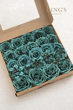 Ling's Moment Artificial Flowers Fake Roses Faux Foam Flower Combo for DIY Wedding Bouquets Centerpieces Arrangements Bridal Shower Party Home Decorations, Dark Teal, 24pcs