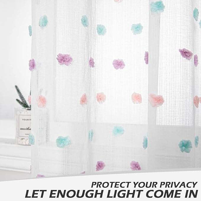 MYSKY HOME Small Curtains for Kitchen Windows Rainbow Pom Pom Curtains for Bedroom Light Filtering White Sheer Curtains for Nursery Cafe Bathroom Privacy Rod Pocket Voile 52 x 45 inch 2 Panels
