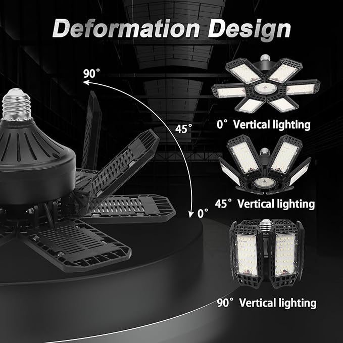 4 Pack LED Garage Light, 200W 20000LM 6500K LED Shop Lights, Garage Lights Ceiling Led with 6+1 Deformable Panels, Screw in E26/E27 Socket Bulb for Warehouse, Workshop, Basement, Barn Lighting