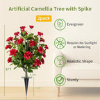 Artificial Camellia Tree 2 Pack with Spike, Artificial Plants Outdoor Faux Floral Plant in Cement Pot Fake Silk Camellia Tree Plants for Home House Living Room Office Decor