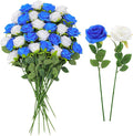 32 Pcs Blue, White Artificial Flowers Roses Fake, Silk Flowers with Stems for DIY Wedding Gothic Bridal Shower Centerpieces Arrangements Tables Decorations