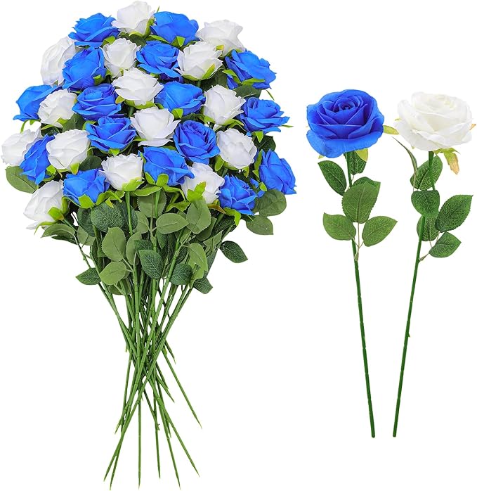 32 Pcs Blue, White Artificial Flowers Roses Fake, Silk Flowers with Stems for DIY Wedding Gothic Bridal Shower Centerpieces Arrangements Tables Decorations