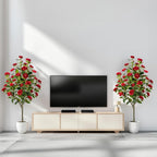 Artificial Camellia Tree 2 Pack, Artificial Plants Outdoor Faux Floral Plant in Cement Pot Fake Silk Camellia Tree Plants for Home House Living Room Office Decor