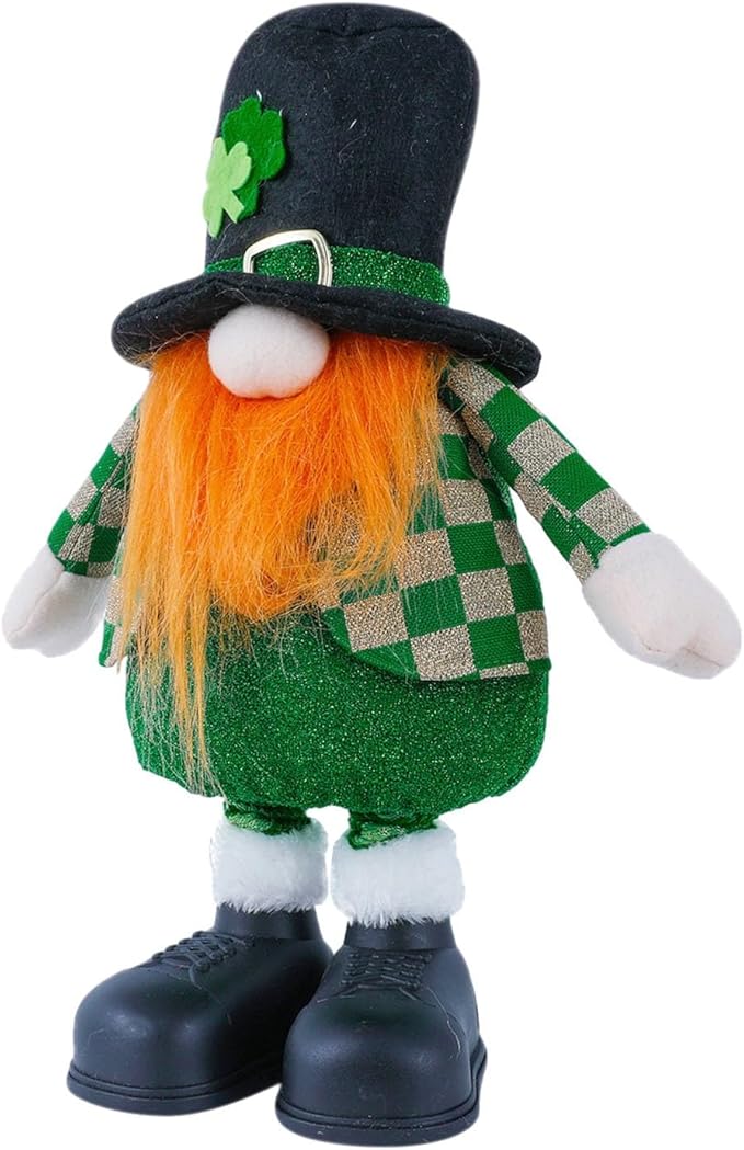 Standing St.Patrick's Day Gnome Plush Doll with Retractable Legs Nordic Scandinavian Swedish Dwarf Gnome Figurines Wearing Glitter Clothes & Black Boots Lucky Green Shamrock Irish Table Decor (B)