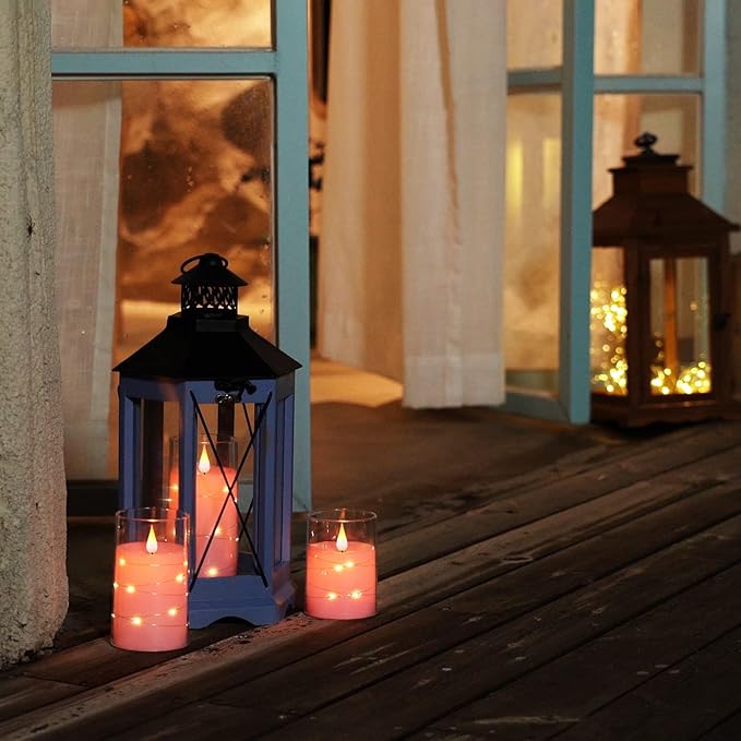 Homemory Flickering Flameless Candles with String Lights, Battery Operated Candles, Embedded String Lights LED Candles, Unbreakable Plexiglass Candle with Remote, Set of 3, Pink