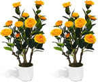 2Pack Artificial Camellia Tree, 2FT Faux Camellia Plant in Pot with Orange Flowers for Spring Home Front Door Outdoor Indoor Decoration,Orange