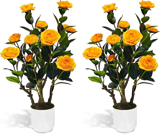 2Pack Artificial Camellia Tree, 2FT Faux Camellia Plant in Pot with Orange Flowers for Spring Home Front Door Outdoor Indoor Decoration,Orange