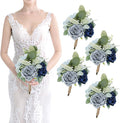 Artificial Bridesmaid Bouquets - Set of 4 Silk Rose Flowers Bouquet Wedding Rustic Small Floral Centerpieces for Marriage Proposal Party Anniversary Dining Table Decorations - Blue,7 Inch