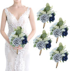 Artificial Bridesmaid Bouquets - Set of 4 Silk Rose Flowers Bouquet Wedding Rustic Small Floral Centerpieces for Marriage Proposal Party Anniversary Dining Table Decorations - Blue,7 Inch