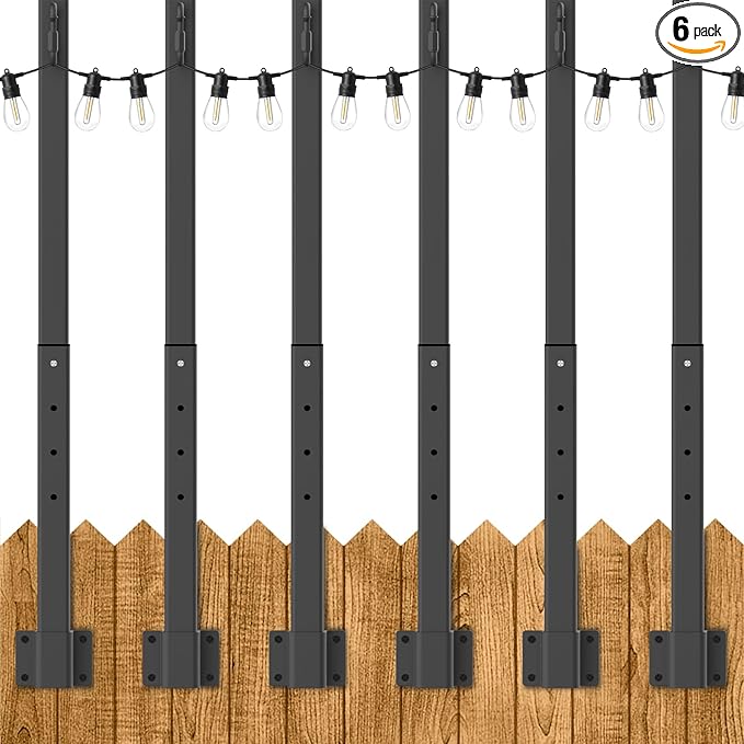 6 Pack 2.8Ft Suspension Outdoor String Light Poles for Outside String Lights Hanging,with Clip and Holder,Light Post Mounting Stand for Patio Fence Wall Garden Backyard Deck