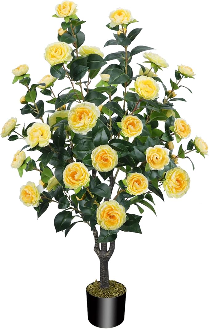 3.6FT Artificial Camellia Fake Tree, Artificial Plants & Flowers with 32 Yellow Flowers for Door Front Decoration Porch Patio Living Room Office Indoor Outdoor Decoration (Contains Dried Moss)