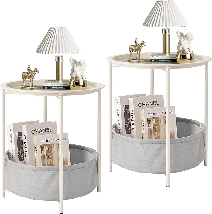 VECELO Round Side/End Table with Fabric Storage Basket，Metal Anti-Rust and Waterproof Small Bedside Nightstand with Removable Tray Top for Living Room，Balcony & Laundry，Beige/2pcs with Basket