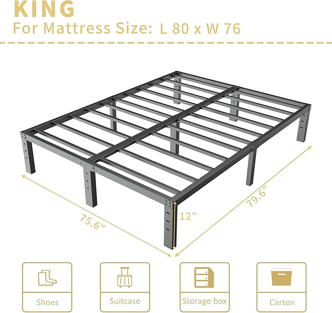 ALDRICH 12 Inch Metal King Size Bed Frame - Double Black Basic Steel Slats Platform, Easy Assembly Heavy Duty Noise Free Bedframes, No Box Spring Needed