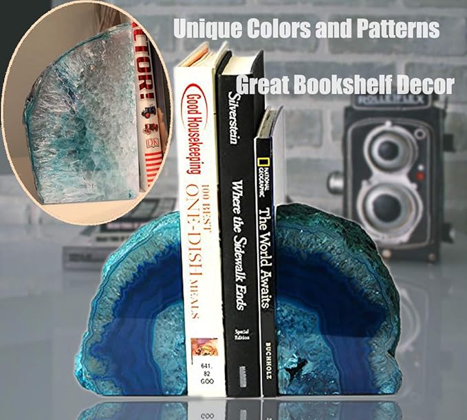 AMOYSTONE Large Agate Geode Bookends Heavy Duty Stone Book Ends Decorative Bookend Holder Home Office Decor with Rubber Bumpers Teal 1 Pair 4-6 LBS