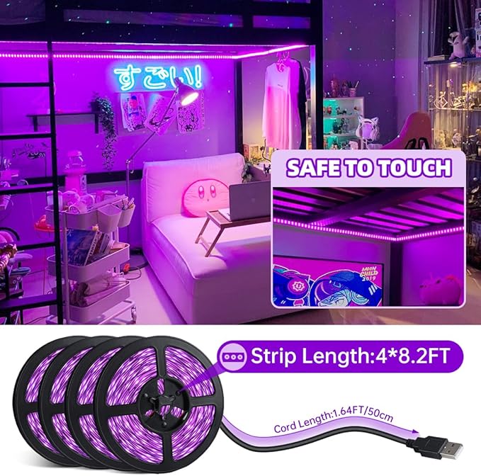 33FT USB Black Lights LED Strip, Battery Operated Black Light Tapestry Light, 300LEDs Blacklight for Bedroom Glassroom, Halloween, Glow Neon Party, Birthday, Fluorescent Poster Painting,4 Pack
