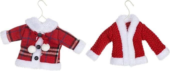 DEMDACO Cozy Time Red, White, Plaid 5 x 7 Inch Knit Polyester Christmas Tree Decoration, Festive Holiday Décor Hanging Ornaments, Set of 2, Winter Coats On Hanger