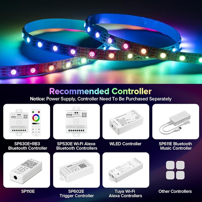 SEZO WS2812B LED Strip Light 3.3FT 60Pixel/M 60LEDs DC5V Individual Addressable LED Strip SMD5050 RGB Dream Color Programmable LED Light Strip Flexible IP30 Non-Waterproof White PCB
