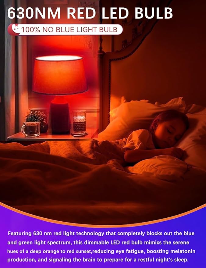 630nm LED Red Sleep Light Bulb Dimmable, Blue Light Blocking Bulb Promoting Melatonin Red Light Bulbs, A15 LED 5W 40W Equivalent Night Light E26 Base 6Pack