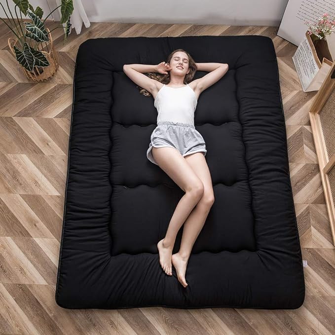 MAXYOYO Japanese Floor Mattress Futon Mattress, 4" Thicken Tatami Mat Sleeping Pad Foldable Roll Up Mat Boys Girls Dormitory Pad Kids Floor Lounger Pillow Bed, Black, Full
