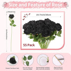 52 PCS Black Artificial Roses Bulk, Fake Artificial Flowers Bridal Bouquet Silk Faux Rose with Stems for Wedding Flowers Decoration, Valentine's Day, Bridal Bouquet, Anniversary, Home Decor (52PCS)