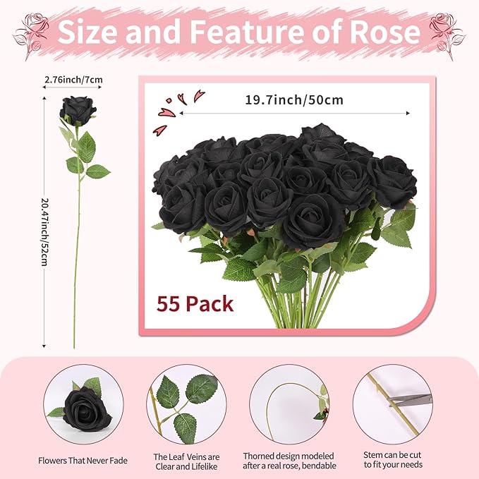 52 PCS Black Artificial Roses Bulk, Fake Artificial Flowers Bridal Bouquet Silk Faux Rose with Stems for Wedding Flowers Decoration, Valentine's Day, Bridal Bouquet, Anniversary, Home Decor (52PCS)