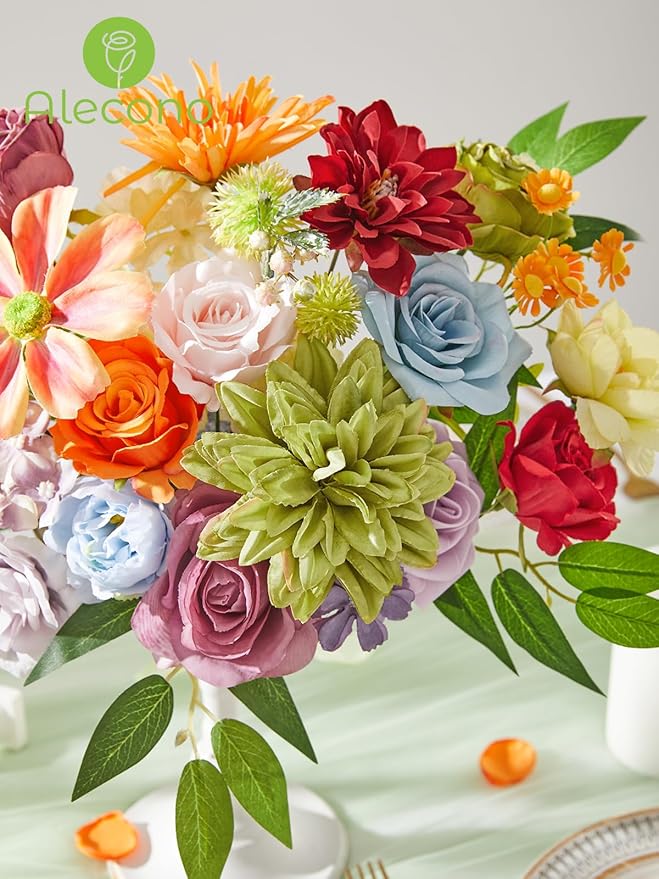 Alecono Artificial Flowers, Colorful Combo Silk Fake Flowers with Stems for DIY Wedding Bridal Bouquets, Floral Arrangement Home Cake Decor