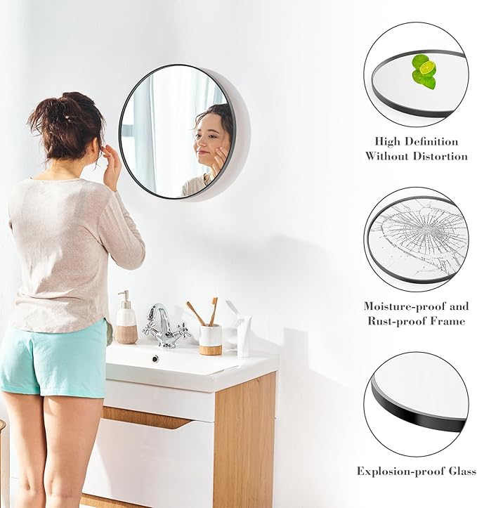 Sweetcrispy 20in Round Bathroom Mirrors for Wall, Bathroom Mirrors for Over Sink, Wall Decor for Bathroom, Entryway, Bedroom, Vanity, Classical Black