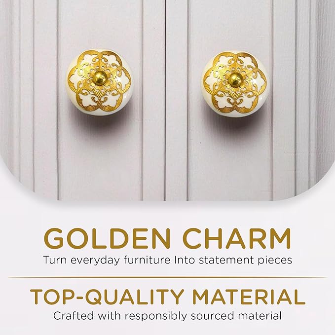 Perilla Home Set of 6 Gold Design Ceramic Knobs Decorative Round Knobs for Home Kitchen Cabinet Vintage Hardware Cupboard Door Dresser Wardrobe Drawer Pulls